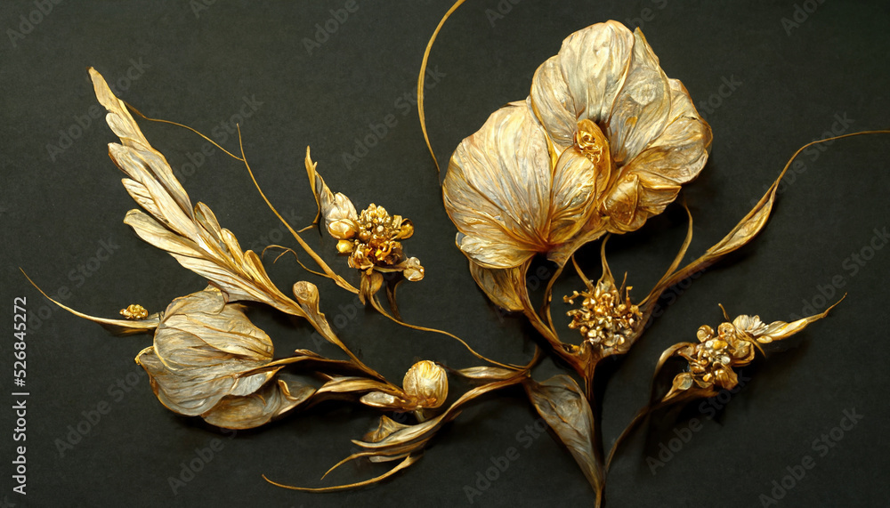 Luxury golden flower decorative background. Beautiful precious metal floral art. 3D illustration. Luxury golden flower decorative background. Beautiful precious metal floral art. 3D illustration.