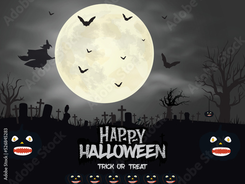 Halloween night mystery graveyard background with full moon and silhouette trees