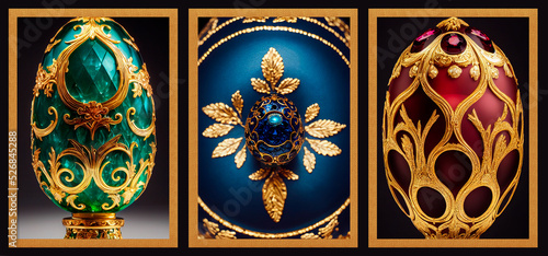 A set of three art compositions of Faberge eggs, jewelry with emeralds, topazes and rubies.  photo