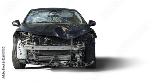 Photography Frontal view of a black crashed car wreck - dented bonnet, smashed engine and br