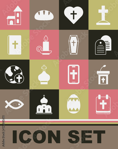 Set Calendar with Easter, Church sermon tribune, Holy bible book, Christian cross in heart, Burning candle candlestick, building and Coffin icon. Vector