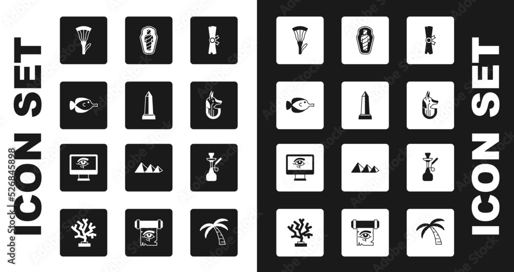 Set Papyrus scroll, Obelisk of Alexandria, Butterfly fish, Egyptian lotus, anubis, mummy in sarcophagus, Hookah and Eye Horus on monitor icon. Vector Set Papyrus scroll, Obelisk of Alexandria, Butterfly fish, Egyptian lotus, anubis, mummy in sarcophagus, Hookah and Eye Horus on monitor icon. Vector