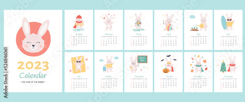 Calendar 2023 design template with cute rabbits. Year of the Rabbit. Collection of 12 vertical templates and cover. Sunday start calendar. Vector illustration