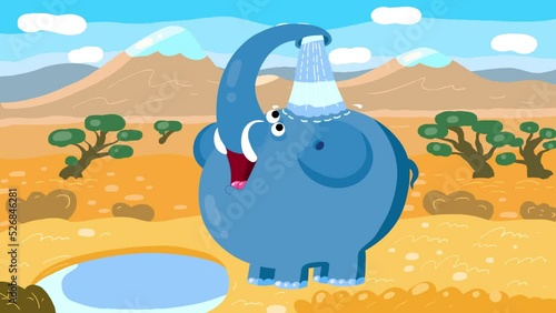 Cartoon elephant bath. Trunk shower in hot Aftrica. Good for any movie, presentation, etc... Funny children animation. photo
