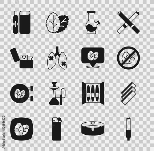 Set Cigarette, rolling papers, No tobacco leaf, Bong, Disease lungs, Lighter, Electronic cigarette and Tobacco icon. Vector