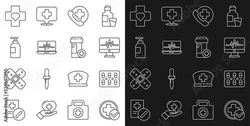 Set line Cross hospital medical, Pills in blister pack, Monitor with cardiogram, Emergency phone call, Laptop, Hand sanitizer bottle, Heart cross and Medicine icon. Vector