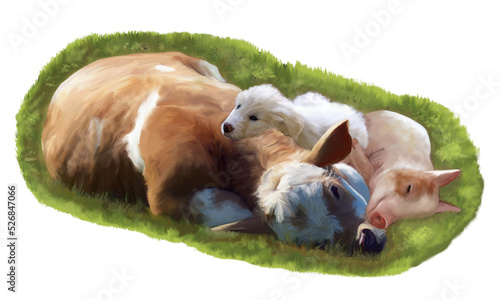 Dipinto di un cucciolo di cane  pastore maremmano che dorme sopra un vitello e un maialino tra l'erba di un prato photo