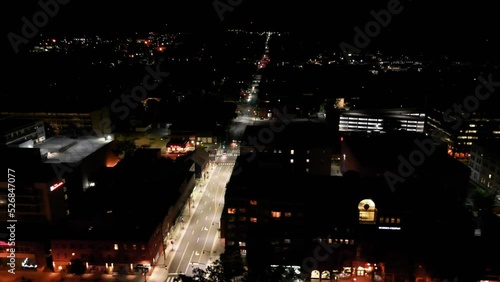 Aerial view of illuminated buildings at night in downtown Fredericton, New Brunswick photo