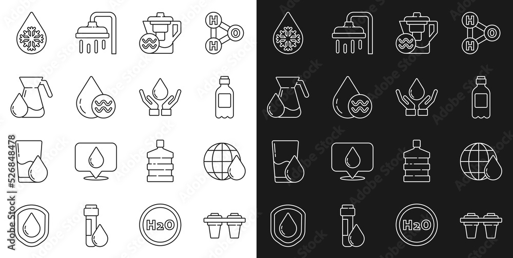 Set line Water filter, Earth planet in water drop, Bottle of, jug with, Recycle clean aqua, Jug glass, Defrosting and Washing hands soap icon. Vector
