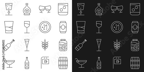 Set line Wooden barrel, Pickled cucumbers in jar, Beer can, Glass of cognac or brandy, Wine glass, vodka, and Alcohol 21 plus icon. Vector