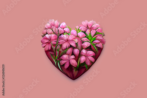 Romantic gift for valentine's day. Bouquet of pink flowers in the shape of a heart. Greeting card design. Surprise for the woman you love. Heart of flowers - A symbol of love and devotion