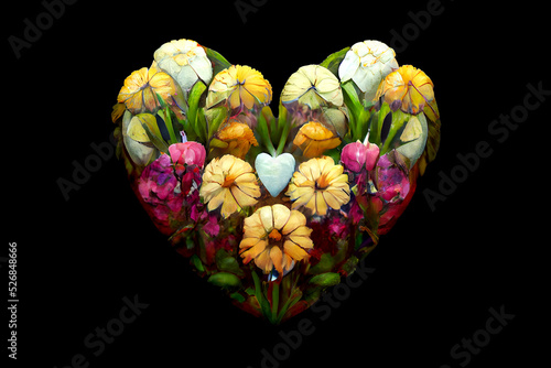 Bouquet of colorful flowers in the shape of a heart. Greeting card design. Surprise for the woman you love. Romantic gift for valentine's day. Heart of flowers - A symbol of love and devotion
