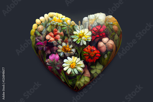 Greeting card design. Surprise for the woman you love. Romantic gift for valentine's day. Heart of flowers - A symbol of love and devotion. Bouquet of colorful flowers in the shape of a heart