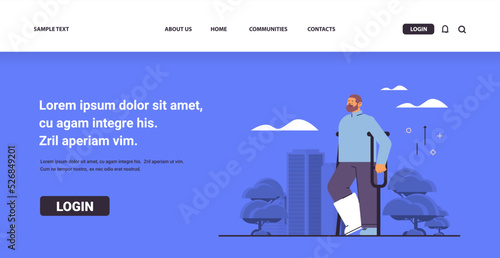 man walking with broken leg in cast with crutches fracture limb rehabilitation treatment after accident bone injury