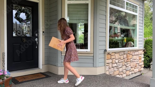 Birthday present delivered to your door teenage girl brings a gift in cardboard box under door to her friend She knocks on the door and runs away her hair grows She is in short dress and sneakers