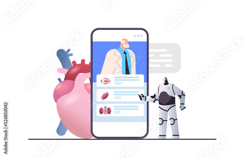 scientist and robot examining anatomical human body internal organs during video call anatomy online consultation
