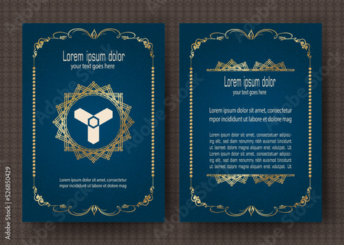Gold vintage greeting card with blue background and shiny dots texture, luxury ornament template, ideal for invitations, flyers, menus, brochures, postcards, wallpapers, etc.