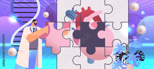 scientist putting puzzle pieces of anatomical heart human body internal organ medicine science healthcare problem