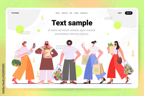 mix race people holding shopping bags full of fruits and vegetables eco friendly mesh shopper zero waste plastic free