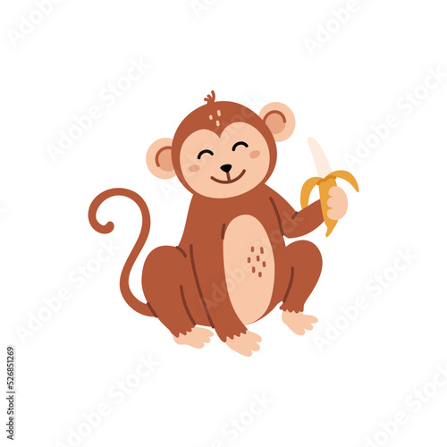 Cute baby monkey sitting and holding banana. Vector illustration in cartoon style. Cute animal. Kids illustration with a cute monkey eating a banana isolated on white background.
