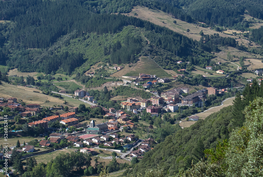 Panoramic views of the town of Potes from Mount Arabades on a sunny day, Picos de Europa Natural Park, Cantabria, Spain