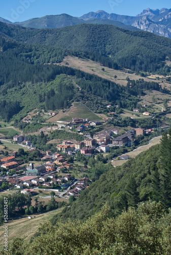 Panoramic views of the town of Potes from Mount Arabades on a sunny day  Picos de Europa Natural Park  Cantabria  Spain