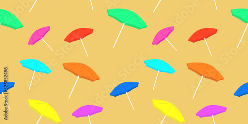 Seamless pattern with colored beach umbrellas on a sandy background. Sun protection on summer vacation, trips to the sea, heat, resort. Print, design for wallpaper, vector image.