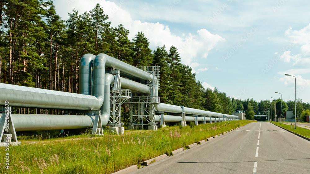 pipeline, in the photo the pipeline against the background of the blue sky and the forest, in the foreground the road pipeline, in the photo the pipeline against the background of the blue sky and the forest, in the foreground the road