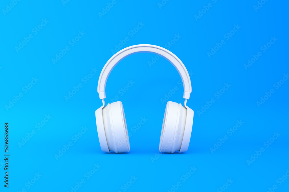 Wireless headphones on a blue background. Front view. 3d rendring illustration