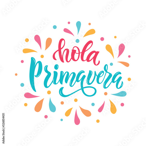 Hola Primavera (Hello Spring) handwritten text in Spanish or Brazilian Portuguese isolated on white background. Trendy script lettering design. Modern brush calligraphy. Vector illustration 