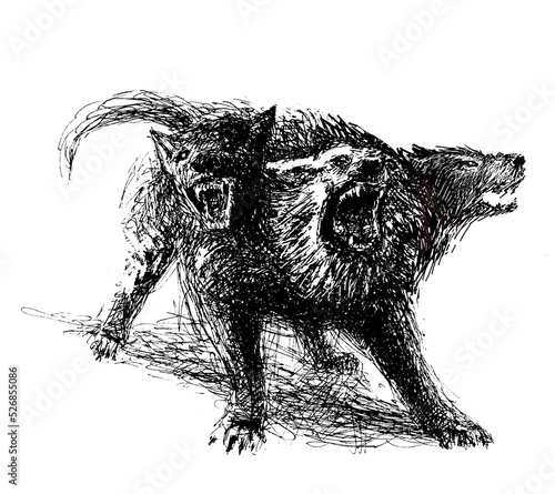 Mythical three-headed cerberus dog. Black and white expressive illustration made with a feather. 