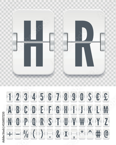 White airport terminal mechanical flip scoreboard alphabet font with numbers to display flight departure, destination or arrival information and timetable. Vector illustration.