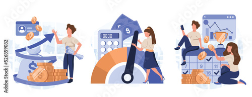 Cost optimization concept set. Idea of financial and marketing strategy. Cost and income balance. Spending and cost reduction, while maximizing business value. Isolated flat illustration vector