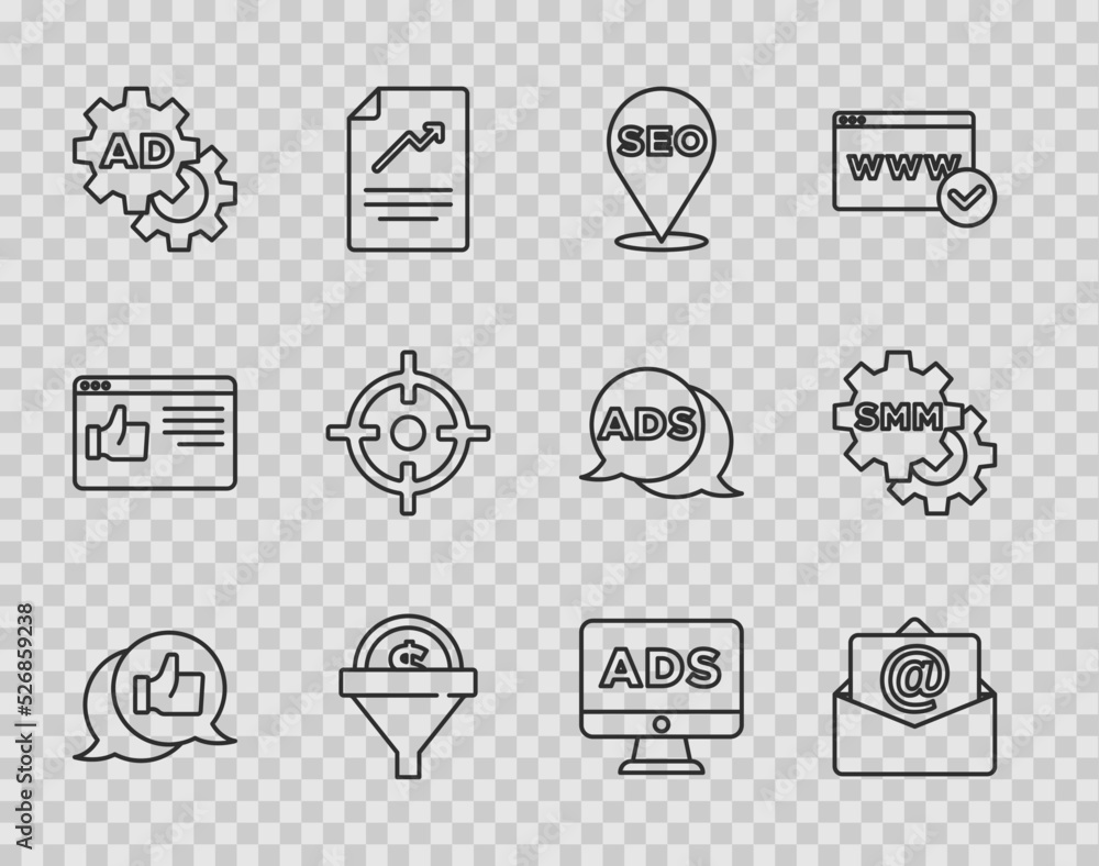Set line Customer product rating, Mail and e-mail, SEO optimization, Lead management, Advertising, Target sport, and Social media marketing icon. Vector Set line Customer product rating, Mail and e-mail, SEO optimization, Lead management, Advertising, Target sport, and Social media marketing icon. Vector