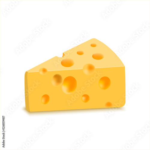 Emmental hard cheese slice, triangular piece with holes. Dairy product. Realistic 3D vector. Delicious swiss cheese. Realistic vector illustration isolated on white background