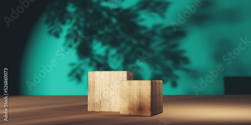 Fototapeta Naklejka Na Ścianę i Meble -  Wooden cube blocks in a room with shadow of trees - 3D render