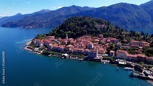 One of the most beautiful lakes of Italy - Lago di Como. aerial drone video of beautiful Bellagio town, popular tourist attraction