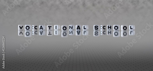 vocational school word or concept represented by black and white letter cubes on a grey horizon background stretching to infinity