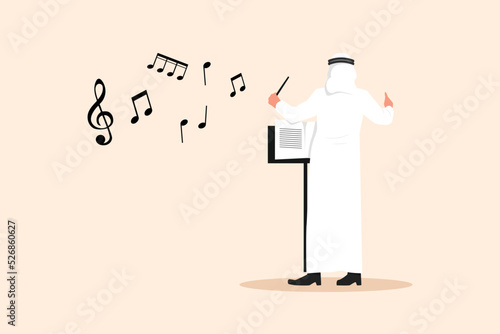 Business flat drawing back view of Arabian man conductor standing and performing on stage. Male musician directing classic instrumental symphony orchestra. Cartoon character design vector illustration