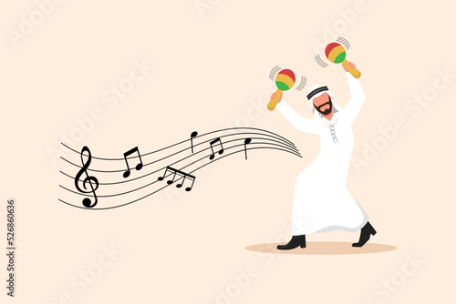 Business design drawing Arabian man street band player mariachi plays maracas. Male performer with musical instruments, mariachi player at national festival. Flat cartoon character vector illustration
