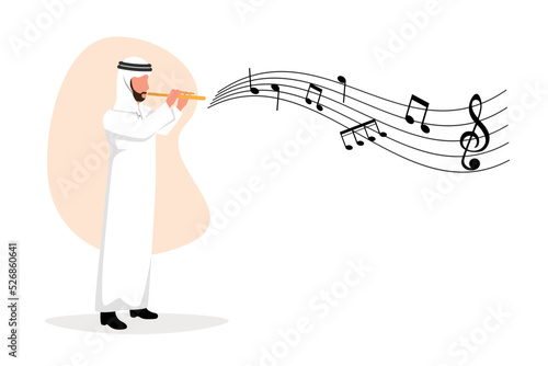 Business flat cartoon drawing Arabian male musician playing flute. Flutist performing classical music on wind instrument. Solo performance of talented flautist. Graphic design vector illustration