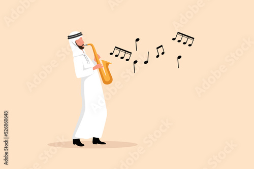 Business flat drawing Arabian saxophonist character. Jazz or blues musician, man playing saxophone. Male performer in festival jazz music, jazz band performances. Cartoon design vector illustration