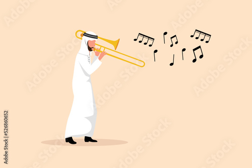 Business design drawing Arabian trombone player character. Male performer playing wind instrument. Jazz man. Musician play trumpet. Entertainment. Classic music event. Flat cartoon vector illustration