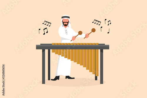 Business flat cartoon drawing Arabian man percussion player character play marimba. Male musician playing traditional Mexican marimba instrument at music festival. Graphic design vector illustration