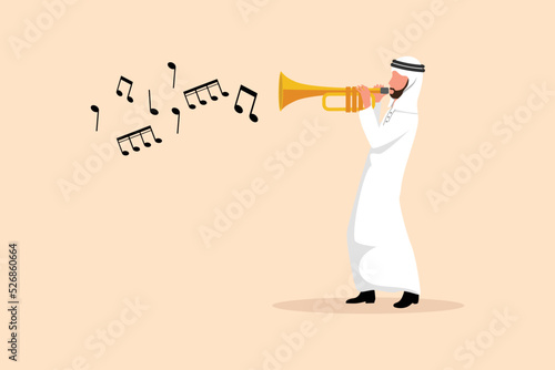 Business design drawing Arabian man play trumpet. Music instrumental. Jazz musician playing trumpet instrument. Trumpet player. Orchestra performer. Music performance. Flat cartoon vector illustration