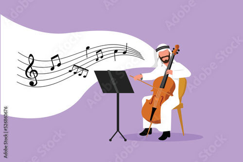 Business design drawing young Arabian male performer playing on contrabass. Cellist man playing cello, musician playing classical music instrument. Flat cartoon character style vector illustration