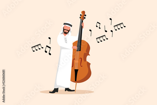 Business flat cartoon drawing double bass player with big string instrument. Arabian man musician playing classical music with fingers. Professional contrabassist. Graphic design vector illustration