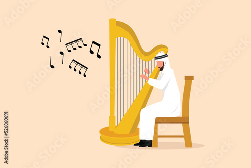 Business design drawing Arabian man musician playing harp. Classical music performer character with musical instrument. Male sitting on chair and playing harp. Flat cartoon style vector illustration