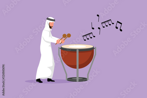Business flat cartoon drawing Arabian male percussion player play on timpani. Man performer holding stick and playing musical instrument. Musical instrument timpani. Graphic design vector illustration