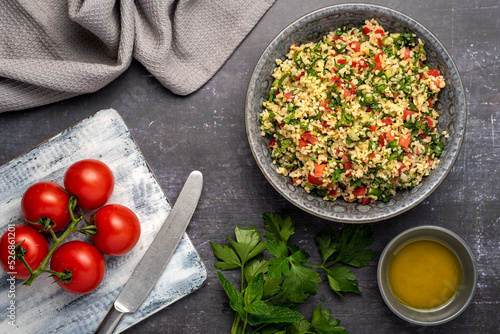 Food photography of salad tabouleh, bulgur,  parsley, mint, tomato